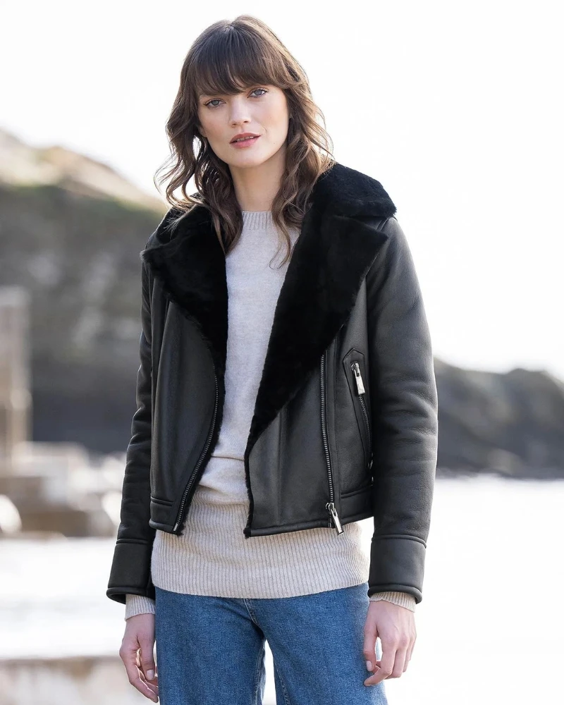 Women's Black Sheepskin Shearling Biker Jacket Shearling Store