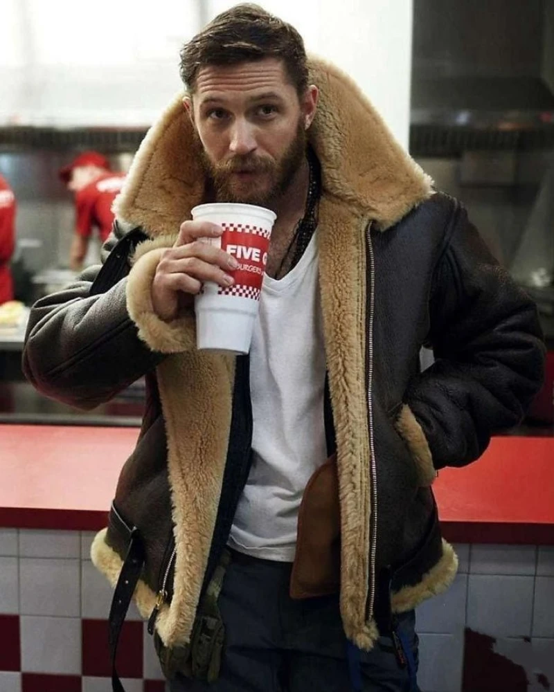 Tom Hardy Sheepskin Shearling Bomber Leather Jacket
