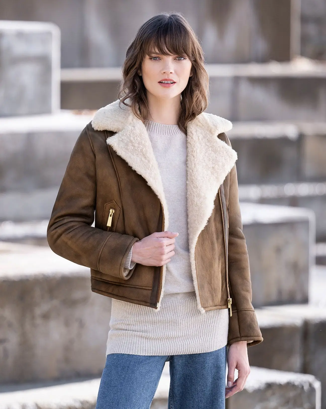 Zendaya Coleman Faux Sheepskin Coat Style Brown Leather